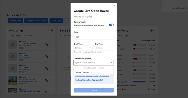 Screenshot of create a live open house form.