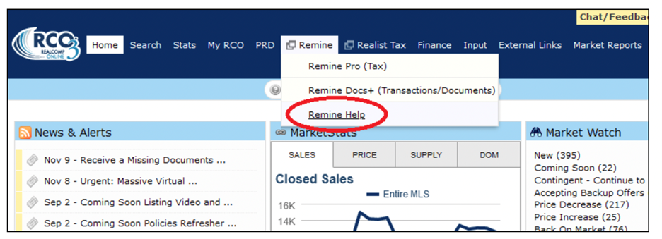 image of Remine Help in RCO3's Remine top menu