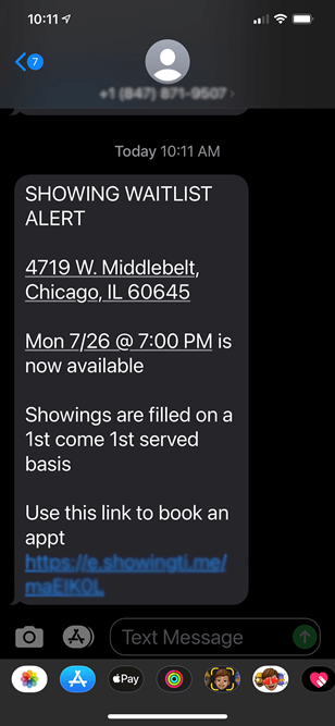 picture of waitlist SMS notification